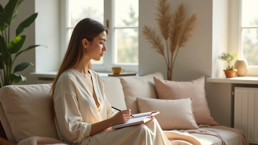 mindfulness and manifestation modern workspace, person journaling intentions surrounded by calming decor and natural light