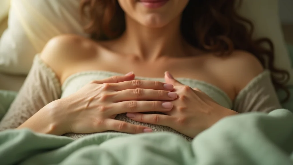 Close-up of hands gently placed on chest, feeling warmth and energy during heart chakra opening
