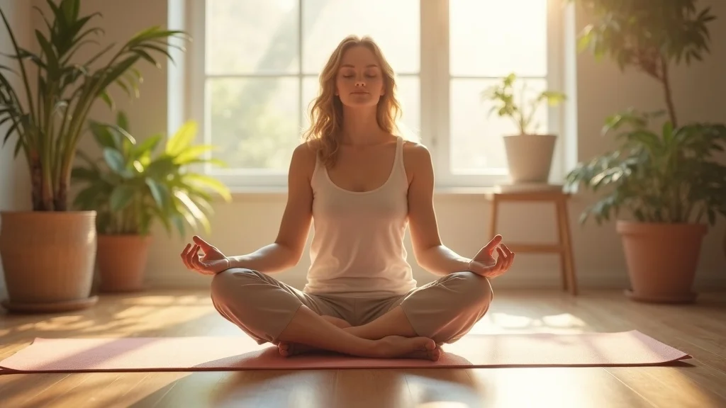 mindful body scan meditation session, person sitting cross-legged on a yoga mat in sunlit room, natural light, wooden floor, potted plants, tranquil peaceful atmosphere
